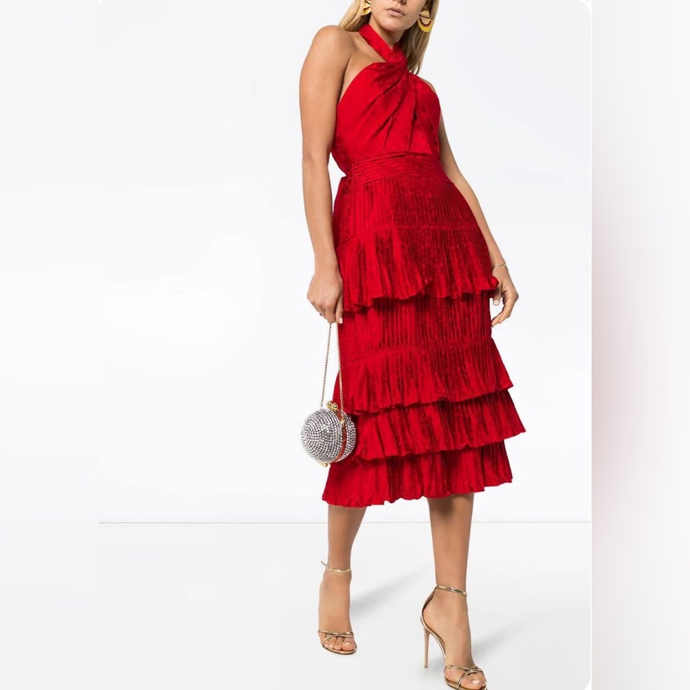 JOHANNA ORTIZ - Eccentric Vibes Halterneck Jacquard Midi Dress, Red - Size 8